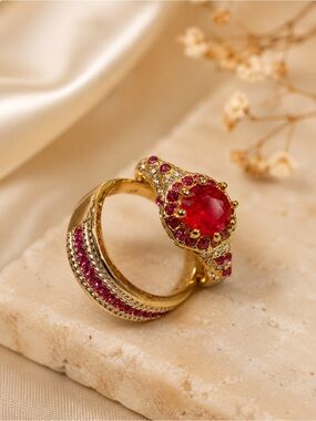 Ruby Red Statement Ring Set | Gold Tone Pink Crystal Cocktail Rings | Glam Fashi